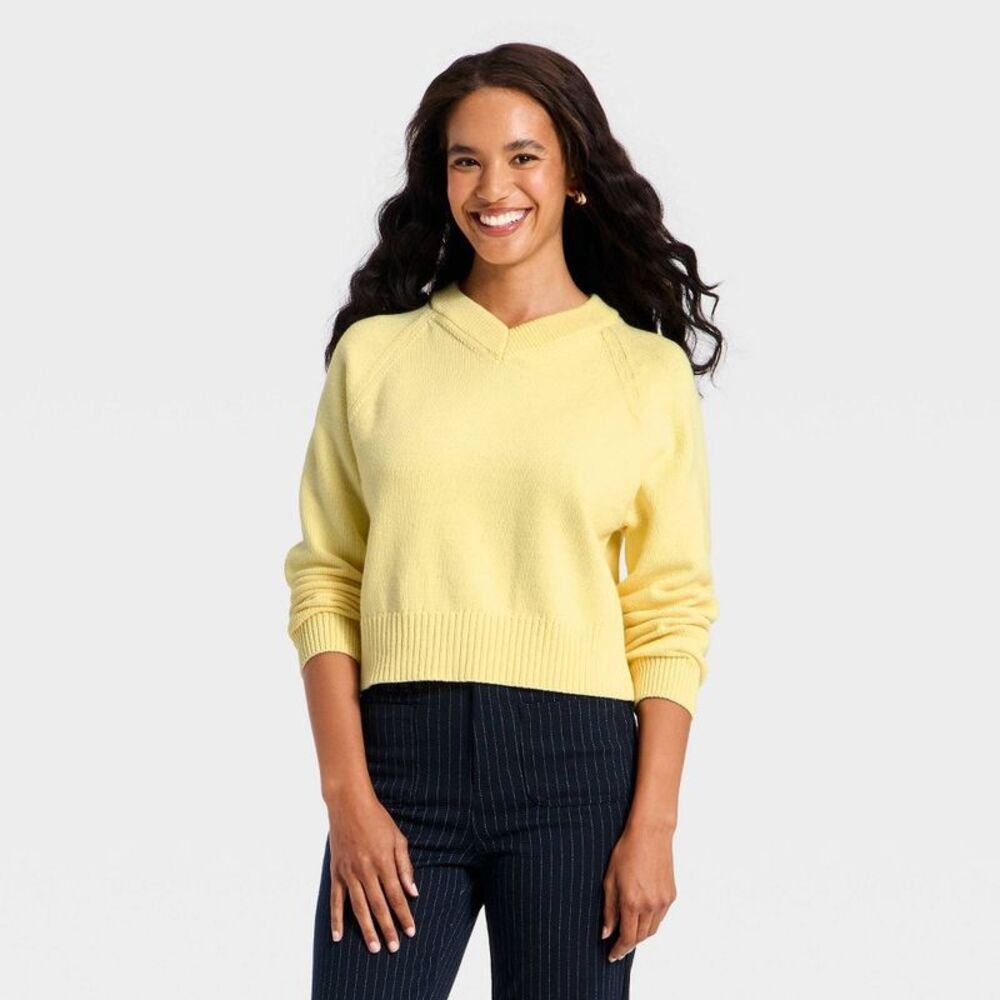 Women's Long Sleeve High V-Neck Pullover Sweater - A New Day Light Yellow XS